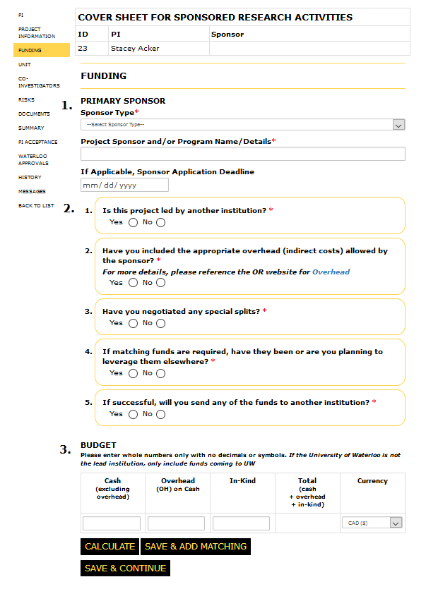 Funding page with sections labeled as 1. primary sponsor, 2. questions and 3. buget
