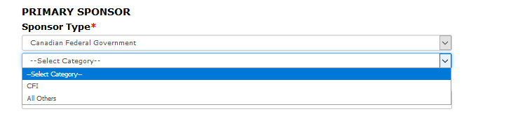 Primary sponsor section of the funding page with sponsor type type drop-downs opened based on Canadian Federal Government selection