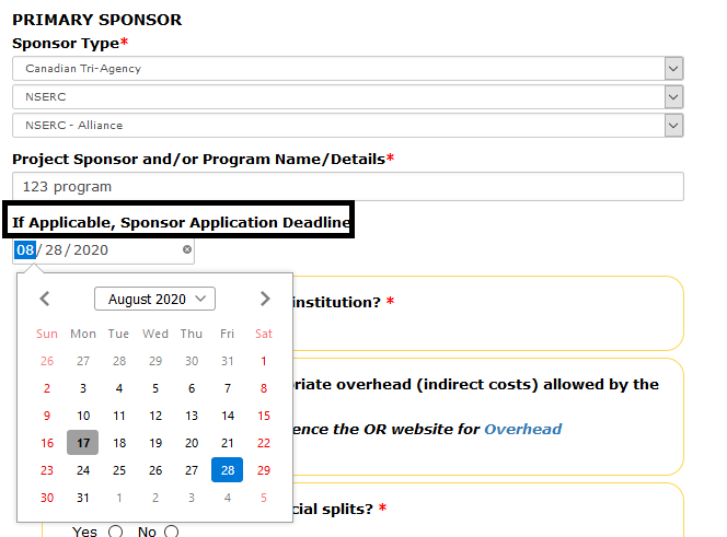 Primary sponsor section of the funding page with the If Application, Sponsor Deadline lebel highlighted and the date selector open