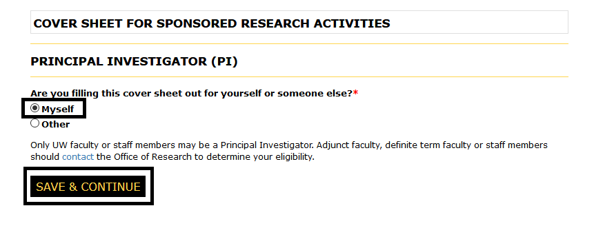 Principal Investigator page with MyselF help button and the save and continue button highlighted
