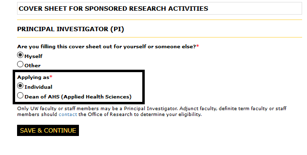 Principal Investigator page with Applysing as help button question highlighted