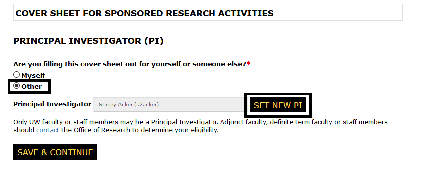 Principal Investigator page with Other help button and set new pi button highlighted