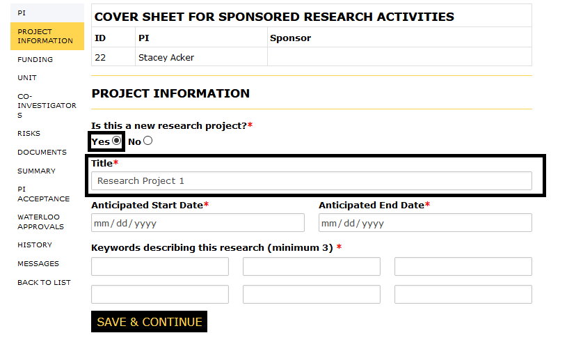 Project Information page with Yes help button and title field highlighted