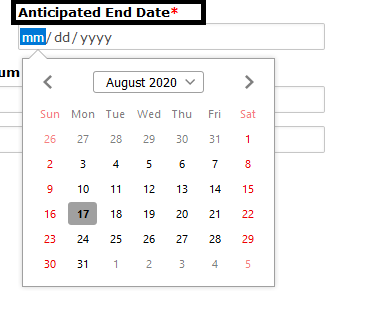 Anticipated end date selector open and highlighted