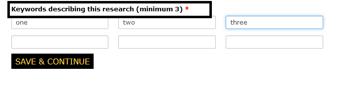 Keyword entery fiels with label requiring minimum of 3 key words highlighted