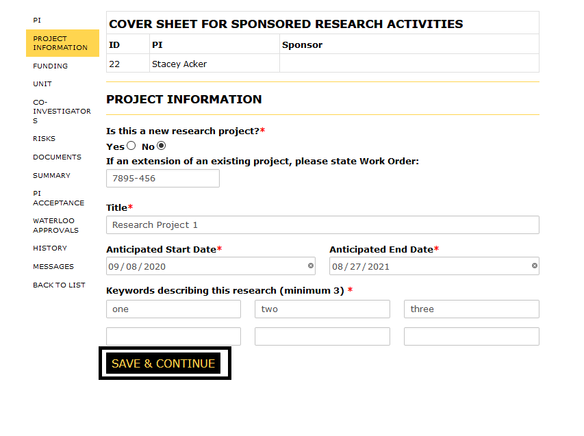 Project Information page with save and continue button highlighted
