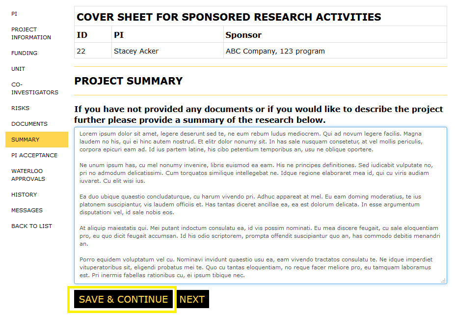 Notes page with summary field containing data and the save and continue button highlighted