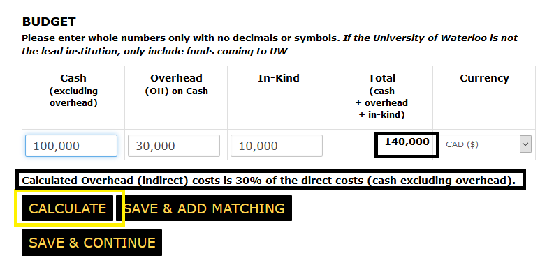 Budget section of the funding page with the toal and the messaging and the calculated button highlighted