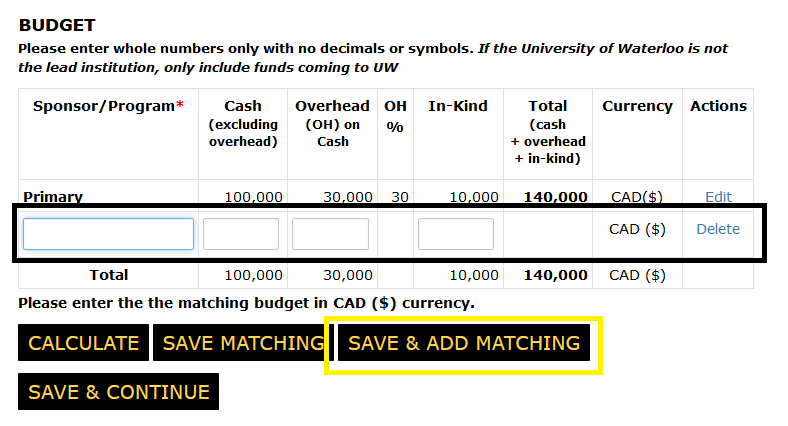 Budget section of the funding page with editable fields and the save and add matching button highlighted