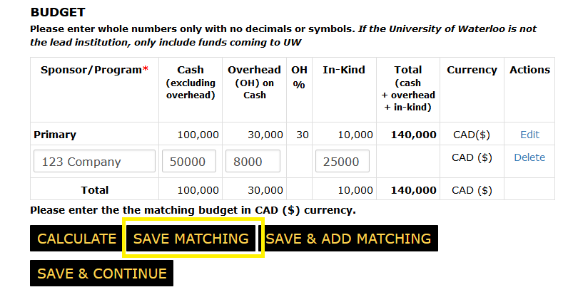 Budget section of the funding page with the save matching button highlighted