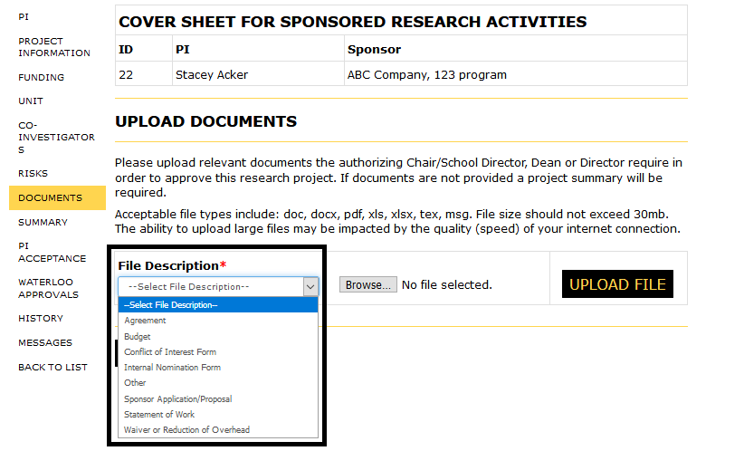 Documents page with File description drop-down highlighted