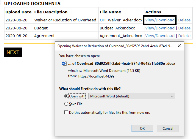 Documents page with view/download link highlighted and the a browser message asking to open the document