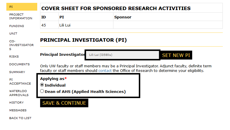Principal Investigator page with PI name and applying as help buttons highlighted reflecting updated data