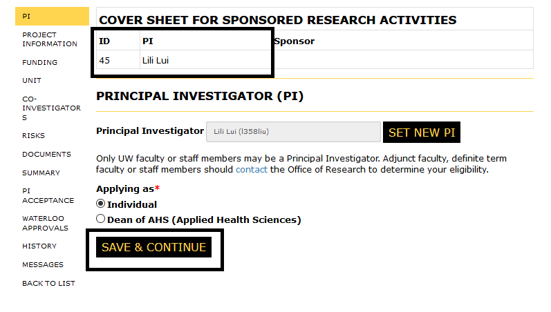Principal Investigator page with cover sheet ID and PI in the banner and the save and continue button highlighted