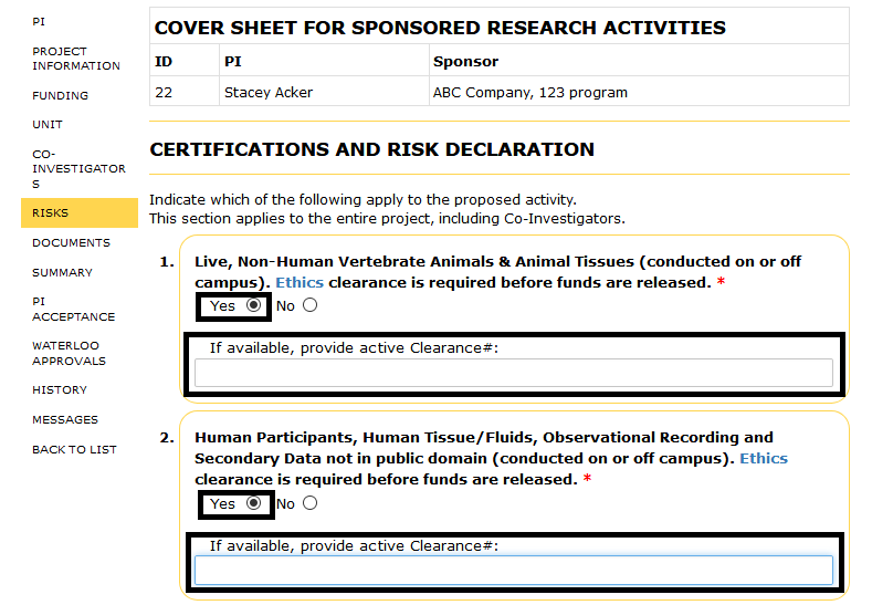 Risks page with yes selected for questions 1 and 2 and and additional text fields open highlighted