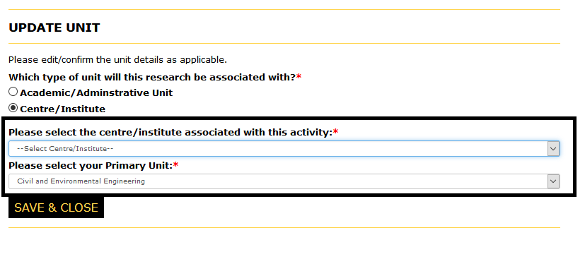 Update unit page with cantre/inistute help button selected and the centre/inistute and the priamry unit drop-downs drop-down highlighted