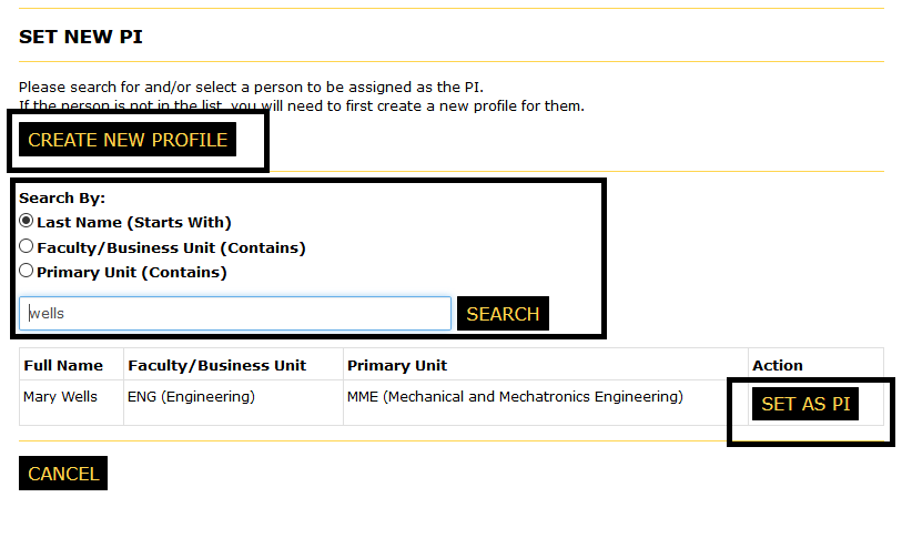 Set new pi search page with create new profile button, the search tool and the set as pi button highlighted