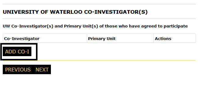 Co-Investigatos page with no co-is listed and the Add Co-I button highlighted