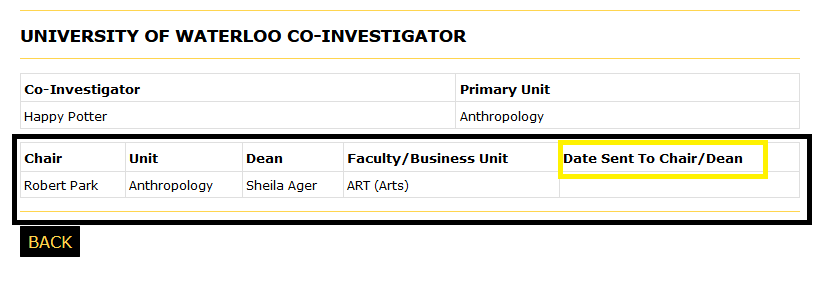 Co-Investigato details page with the chair dean section highlighted in black and the date sent to shair.dean highlited in yellow