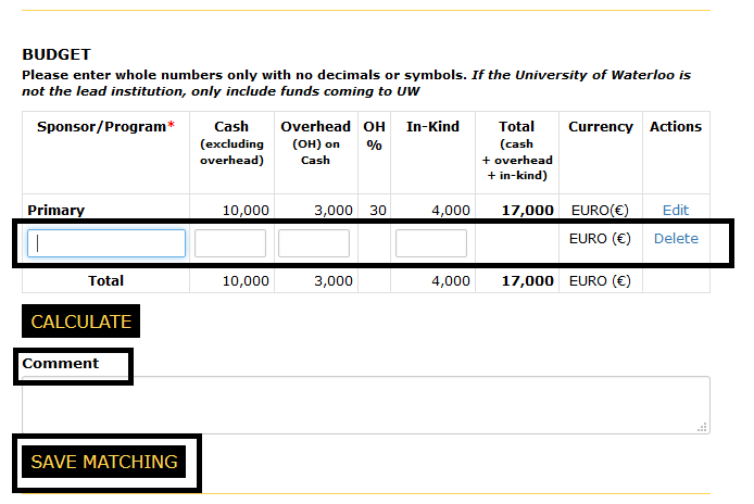 Budet section of the funding details page with an additional row added and editable, comments label and save matching button highlighted