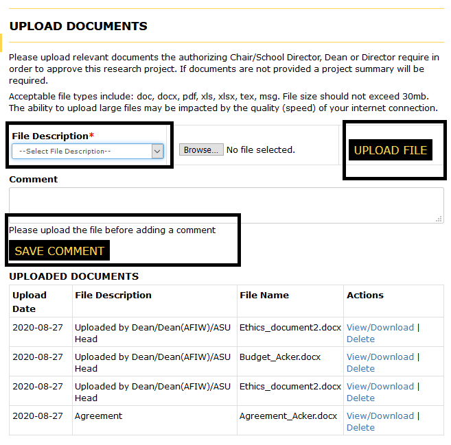 Documents page with messaging highlighted