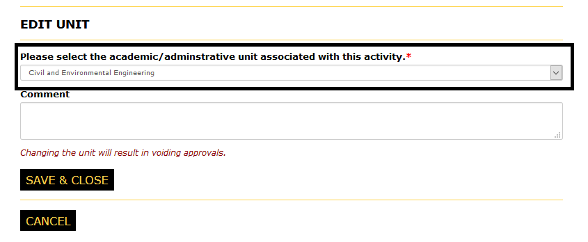 Edit unit page with the academic/administrative drop-down highlighted