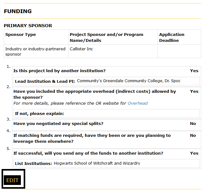 Primary sponsor section of the funding page with the edit button highlighted
