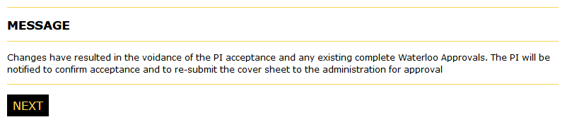 Message page indicating approvals and acceptance have been voided and that the PI has been notified