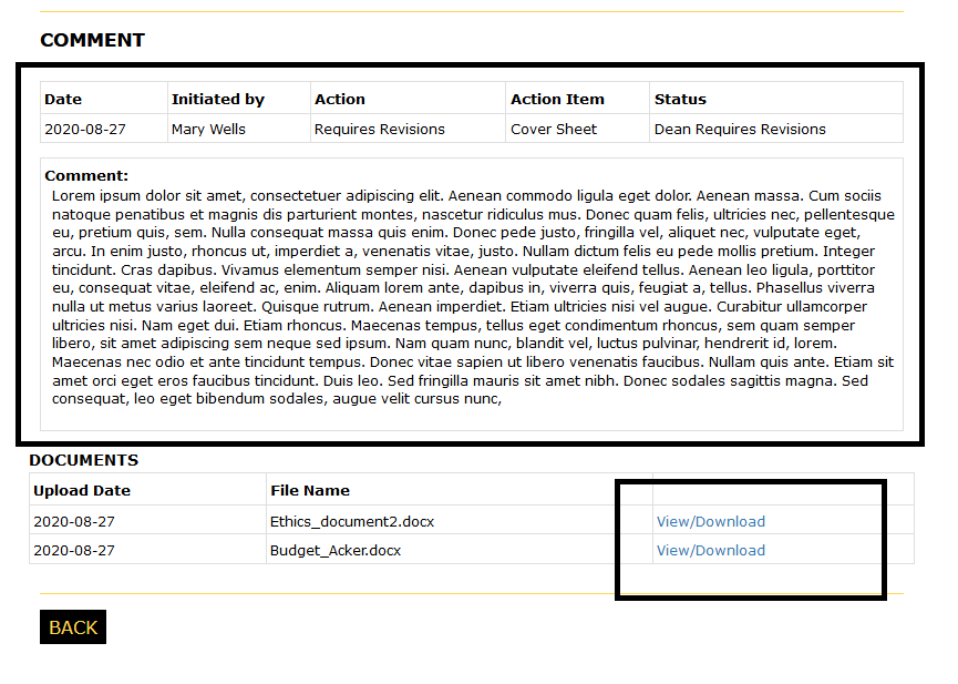 Comment page with action details comment and the view/download links highlighted