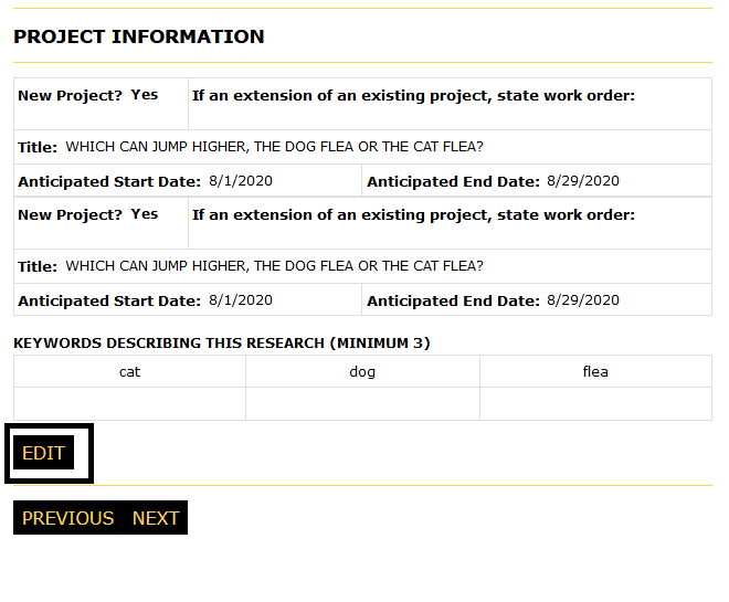 Project Informationpage with edit button highlighted