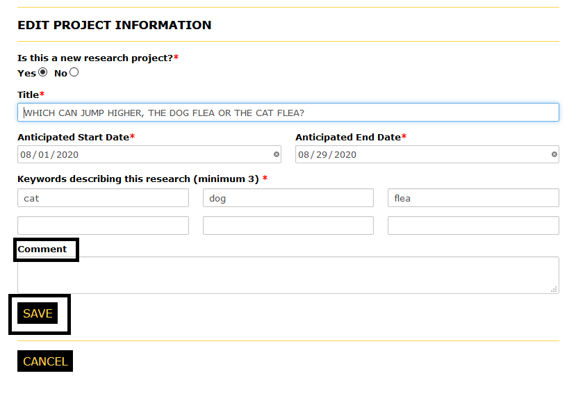 Edit Project Information page with with the save button highlighted