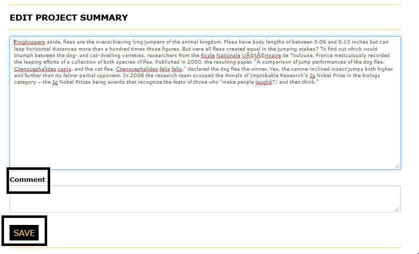 Edit Project summary page with the comments label and the the save button highlighted