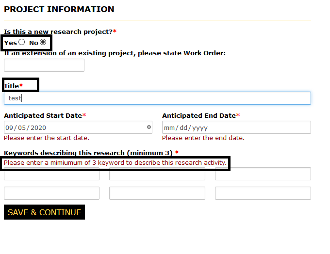 Project information page with the help buttons, title label asterick and keywords warning message highlighted