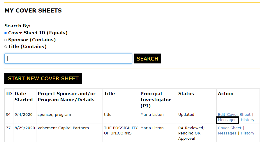  My cover sheet Page with the messages link in the action column highlighted