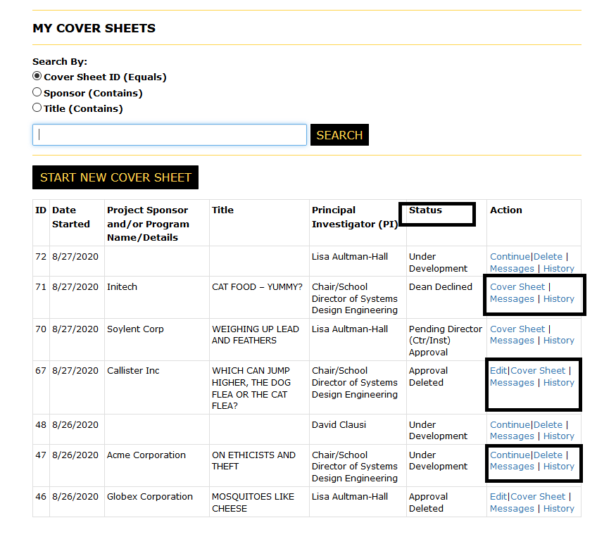 My cover sheets page with voer sheets listed and  the status column header and the the action controls highlighte