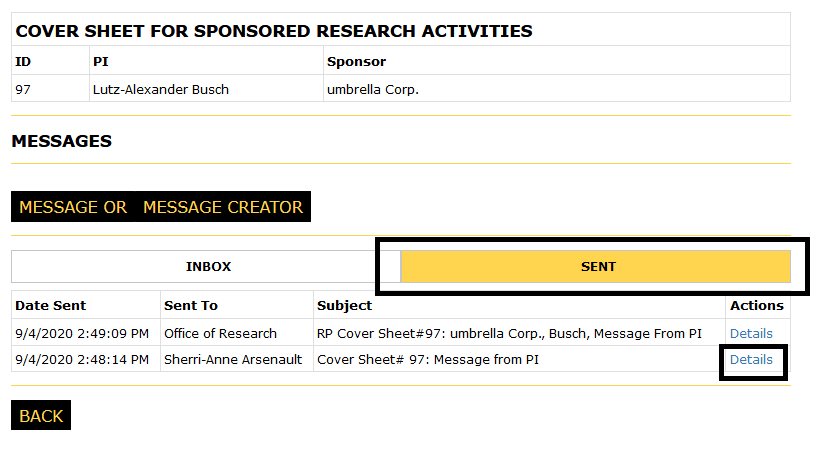 Messages page with the sent tab and the details link highlighted