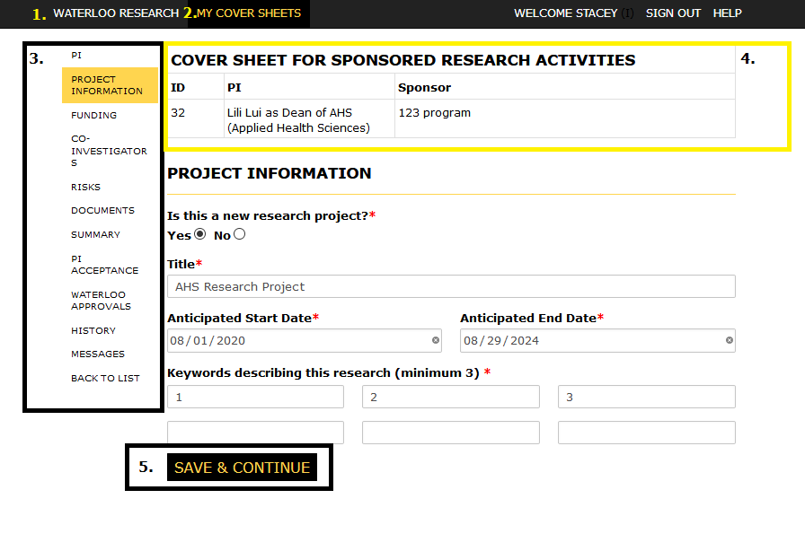 Project Information page of creating a cover sheet with sections labellled 1 - 5