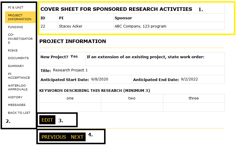 Project Information details pagge labeled 1 - 4