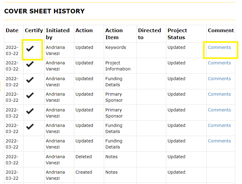 Cover sheet history page with the last status and the comments link in the actions column highlighted