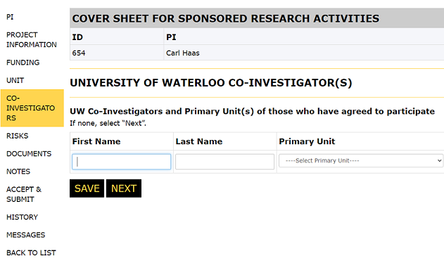 Co-Investigator page with first name, last name and primary unit drop down open and highlighted